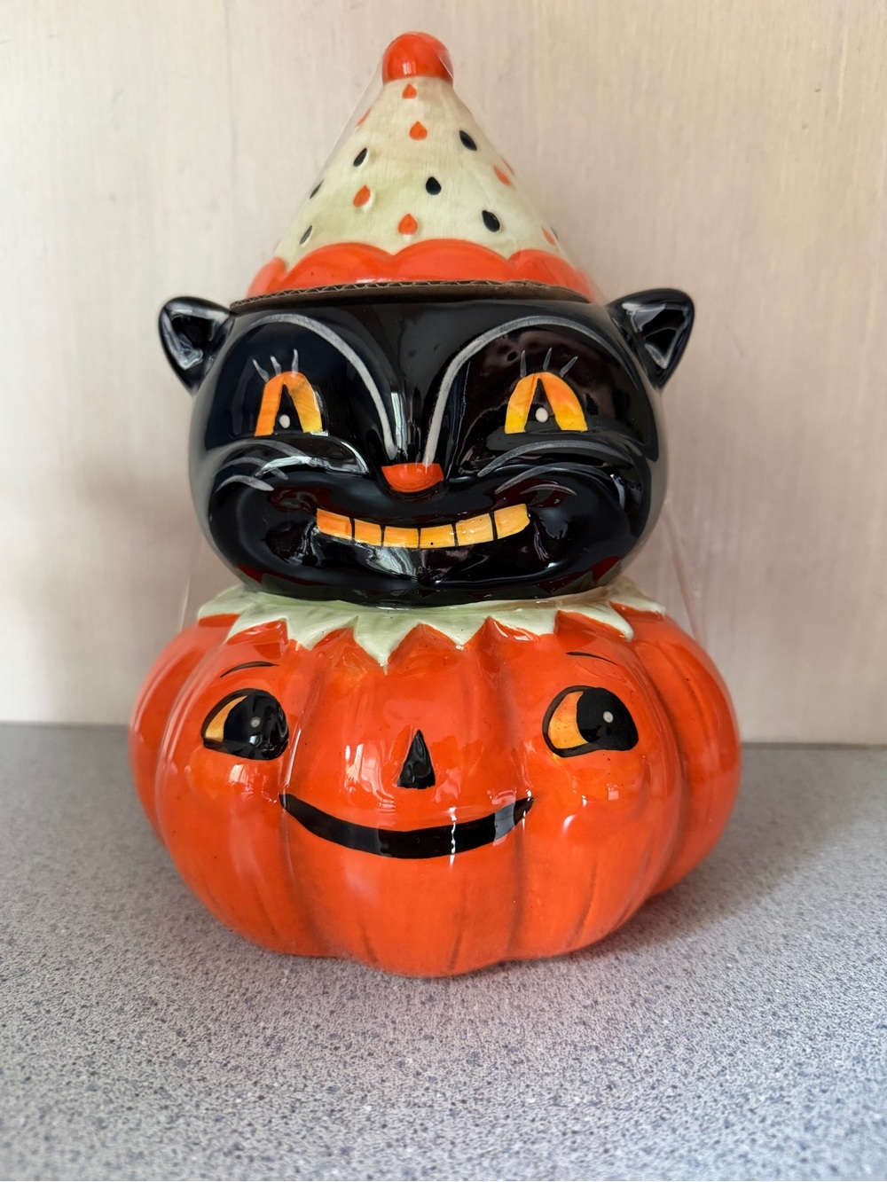 New Johanna Parker Retro Halloween Ceramic Cookie Jar Canister Black Cat Pumpkin
